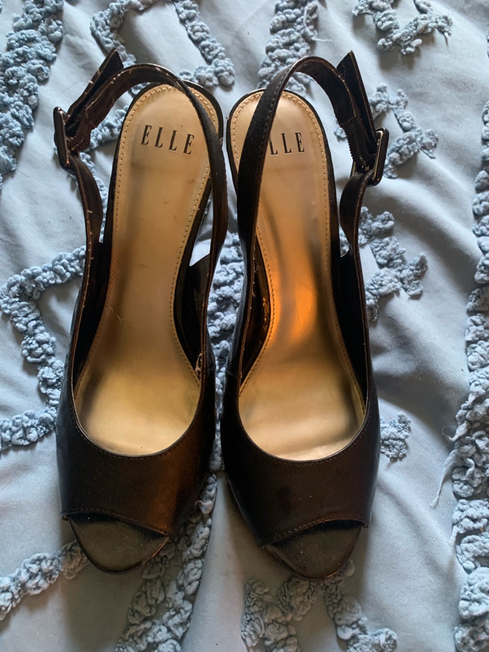 Elle Y2K Black Leather Peep-Toe Slingback Heels with Cork Heel